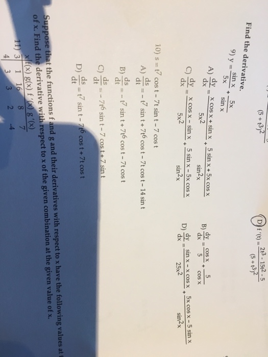 find the derivative of y x 5 cos x sin x