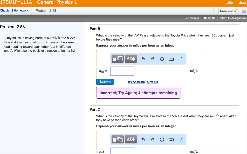 Solved 17SU1PY111A General Physics 1 Chapter 2 Homework | Chegg.com