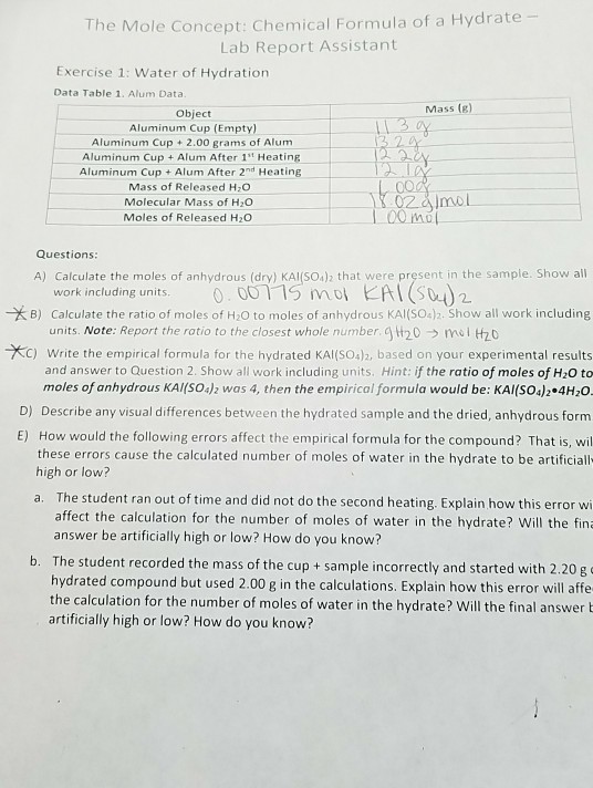 Solved The Mole Concept Chemical Formula of a Hydrate Lab