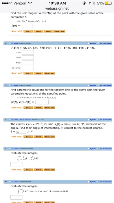 Solved Find The Unit Tangent Vector T T At The Point With