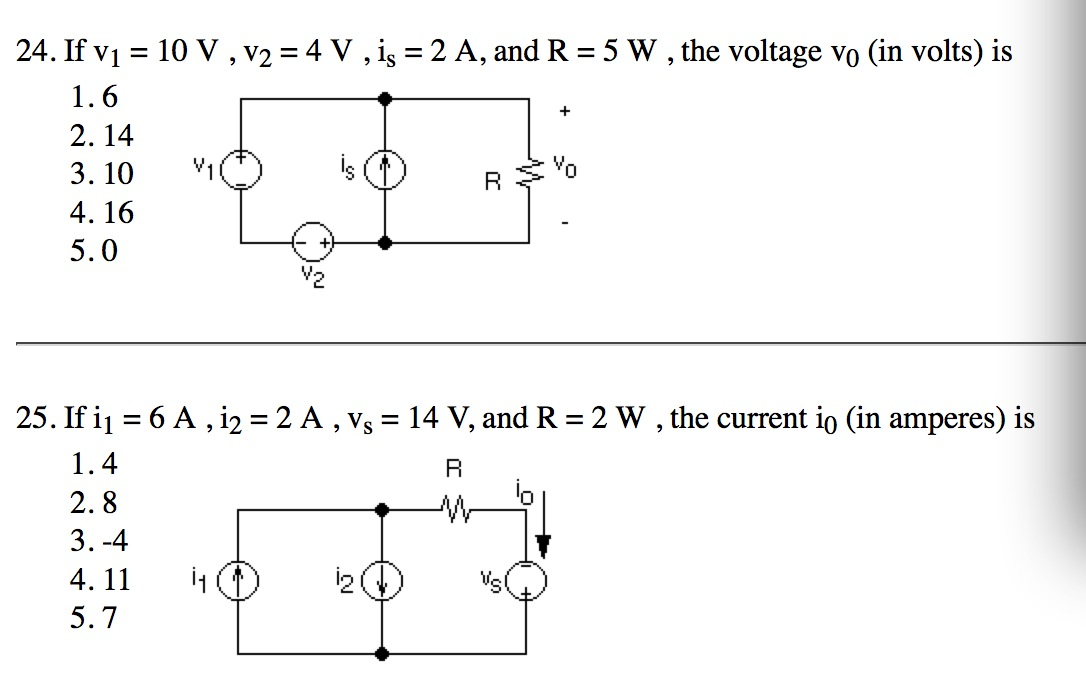 Solved 24. If v1 = 10V, v2 = 4V, is = 2 A, and R = 5 W, the | Chegg.com