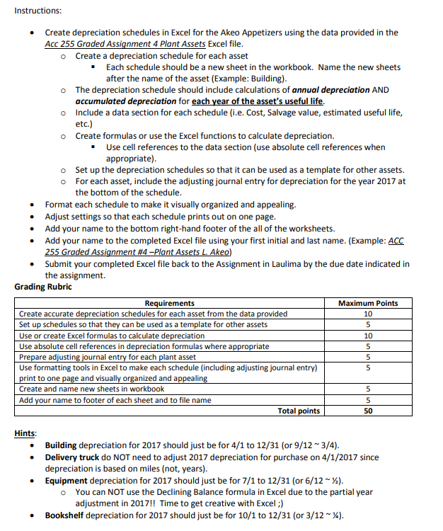 Solved Instructions: .Create depreciation schedules in Excel | Chegg.com