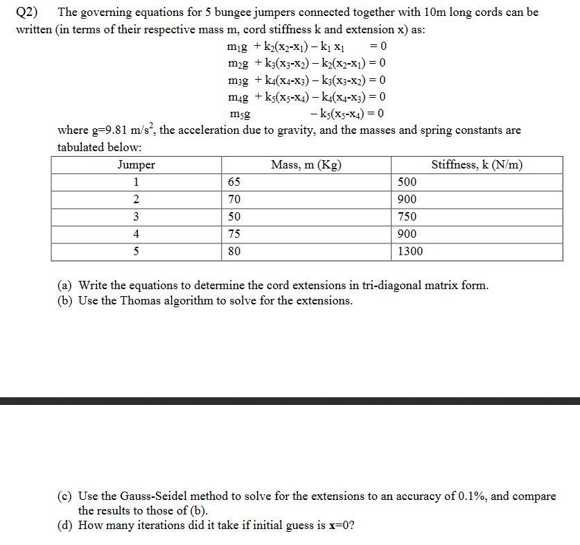 Solved Q2) The governing equations for 5 bungee jumpers | Chegg.com