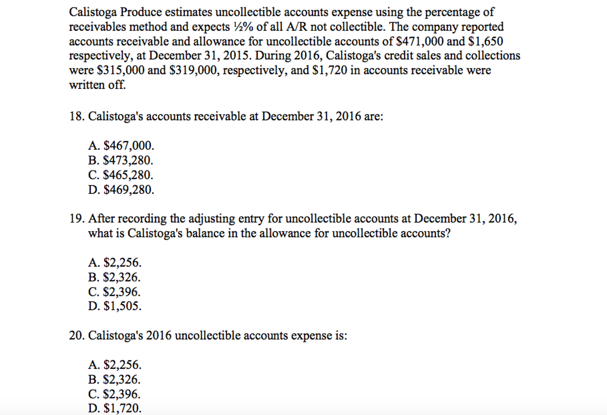 Solved Calistoga Produce estimates uncollectible accounts | Chegg.com