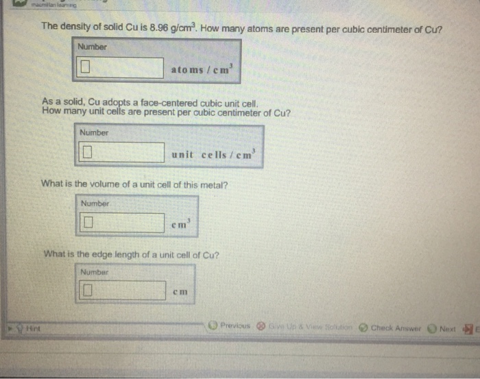 Solved The density of solid Cu is 8.96 g/cm^3. How many