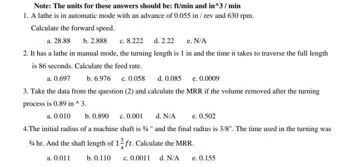 Solved Note: The Units For These Answers Should Be: Ft Min 