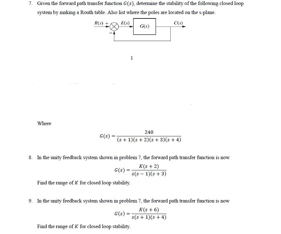 Solved 7. Given The Forward Path Transfer Function G(s), | Chegg.com