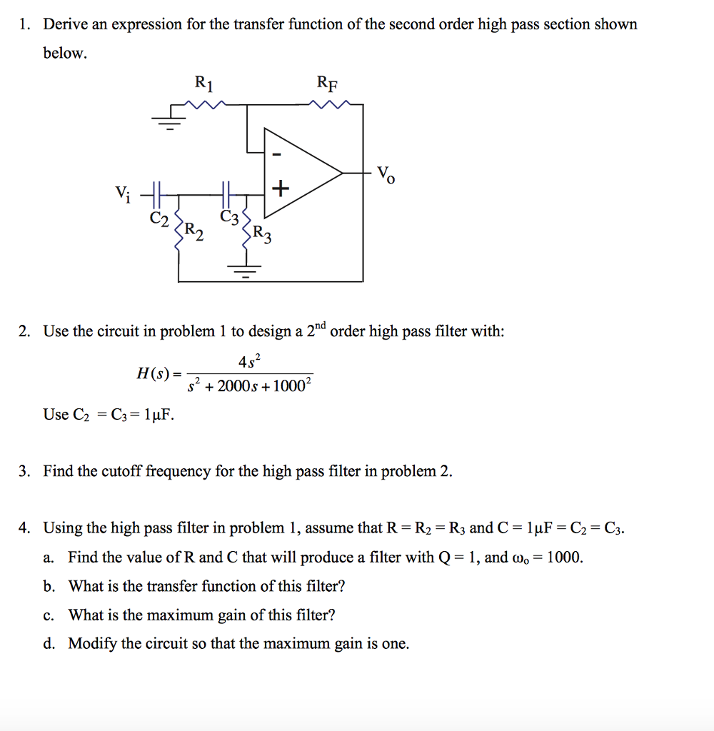 Second Order High Pass Filter Transfer Function Derivation