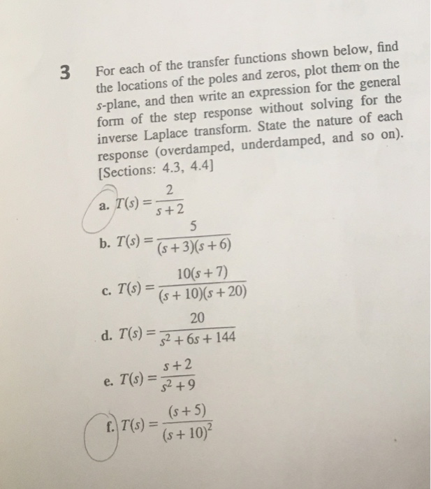 Solved For each of the transfer functions shown below, find | Chegg.com