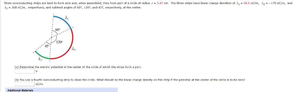 Solved radius r-5.87 cm. The three strips have linear charge | Chegg.com