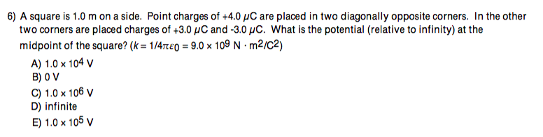 Solved 6) A square is 1.0 m on a side. Point charges of +4.0 | Chegg.com