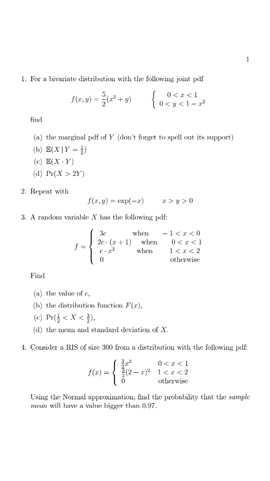 Solved 1. For a bivariate distribution with the following | Chegg.com