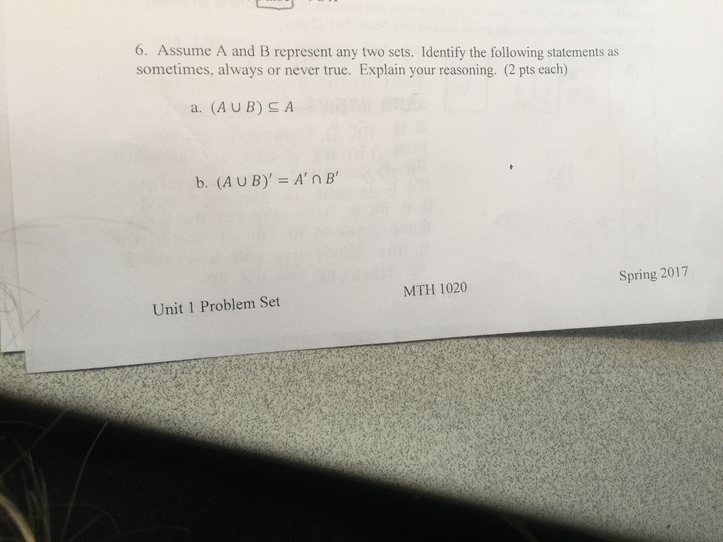 Solved Assume A And B Represent Any Two Sets Identify The Chegg