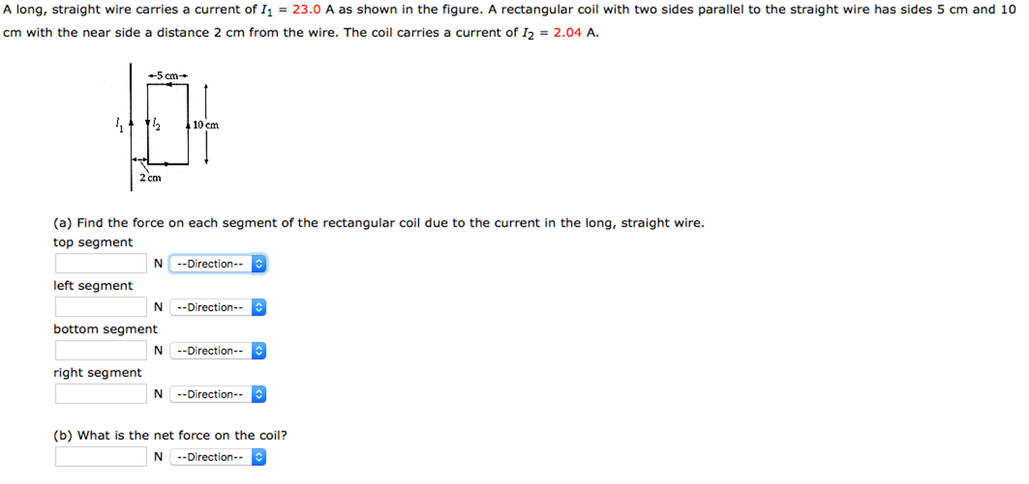 Solved A long, straight wire carries a current of I_1 = 23.0 | Chegg.com