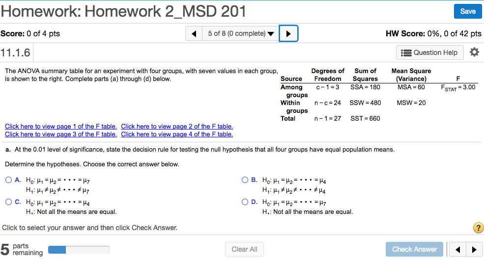 Solved The ANOVA summary table for an experiment with four | Chegg.com