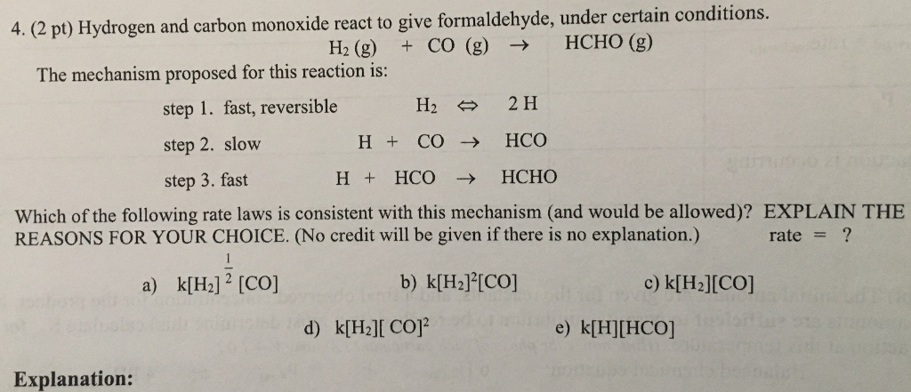 4. (2 pt) Hydrogen and carbon monoxide react to give | Chegg.com