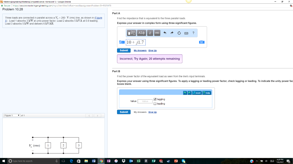 Solved Three loads are connected in parallel across a Vo=280 | Chegg.com
