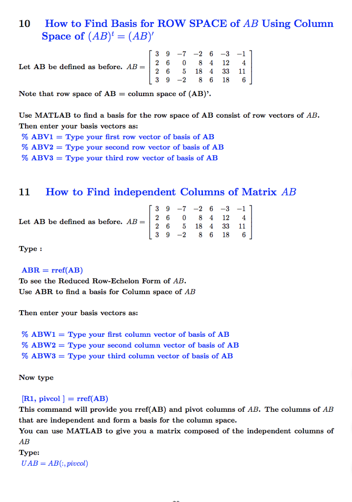 Solved 10 How to Find Basis for ROW SPACE of AB Using Column