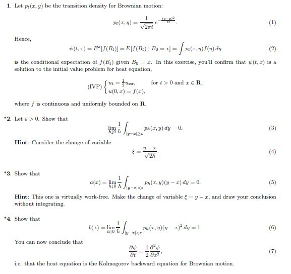 Let Pt(x, y) be the transition density for Brownian | Chegg.com