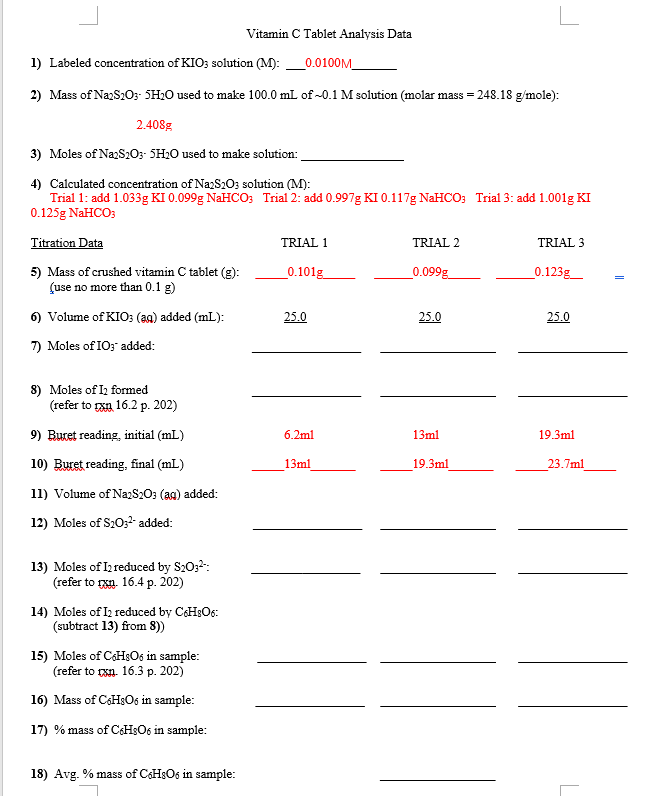 Solved Vitamin C Tablet Analysis Data 1) Labeled | Chegg.com