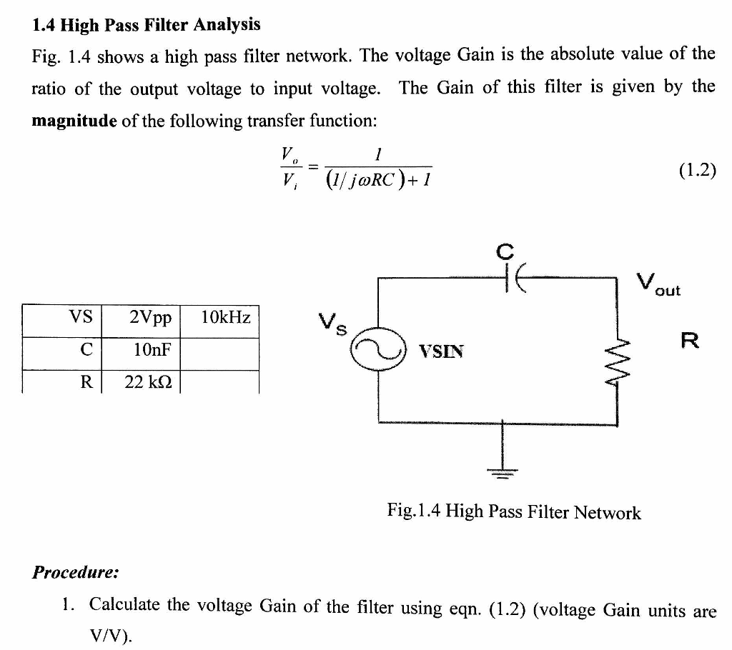 Solved Shows A High Pass Filter Network. The Voltage Gain Is | Chegg.com