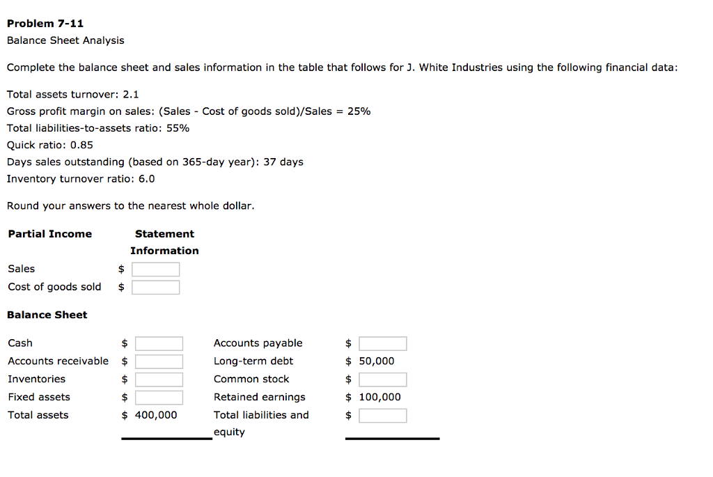 Solved Problem 7-11 Balance Sheet Analysis Complete the | Chegg.com