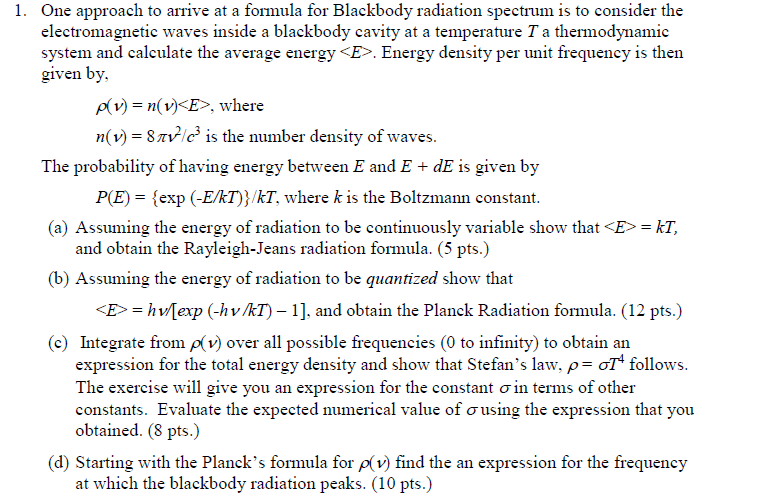 Solved Derivation for Rayleigh-Jeans Law and Planck's law. I | Chegg.com