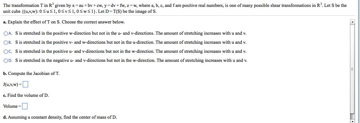 Solved The transformation T in R3 given by x = au + bv + cw, | Chegg.com