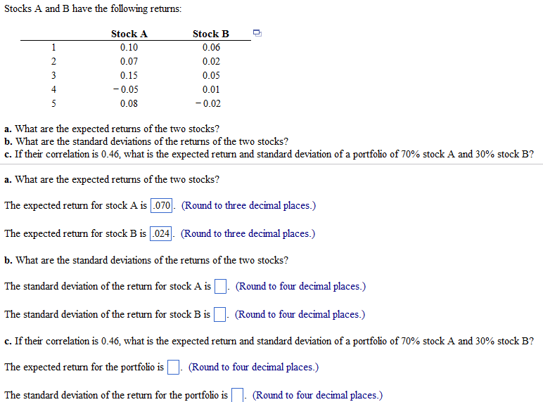 Solved Stocks A And B Have The Following Returns: What Are | Chegg.com