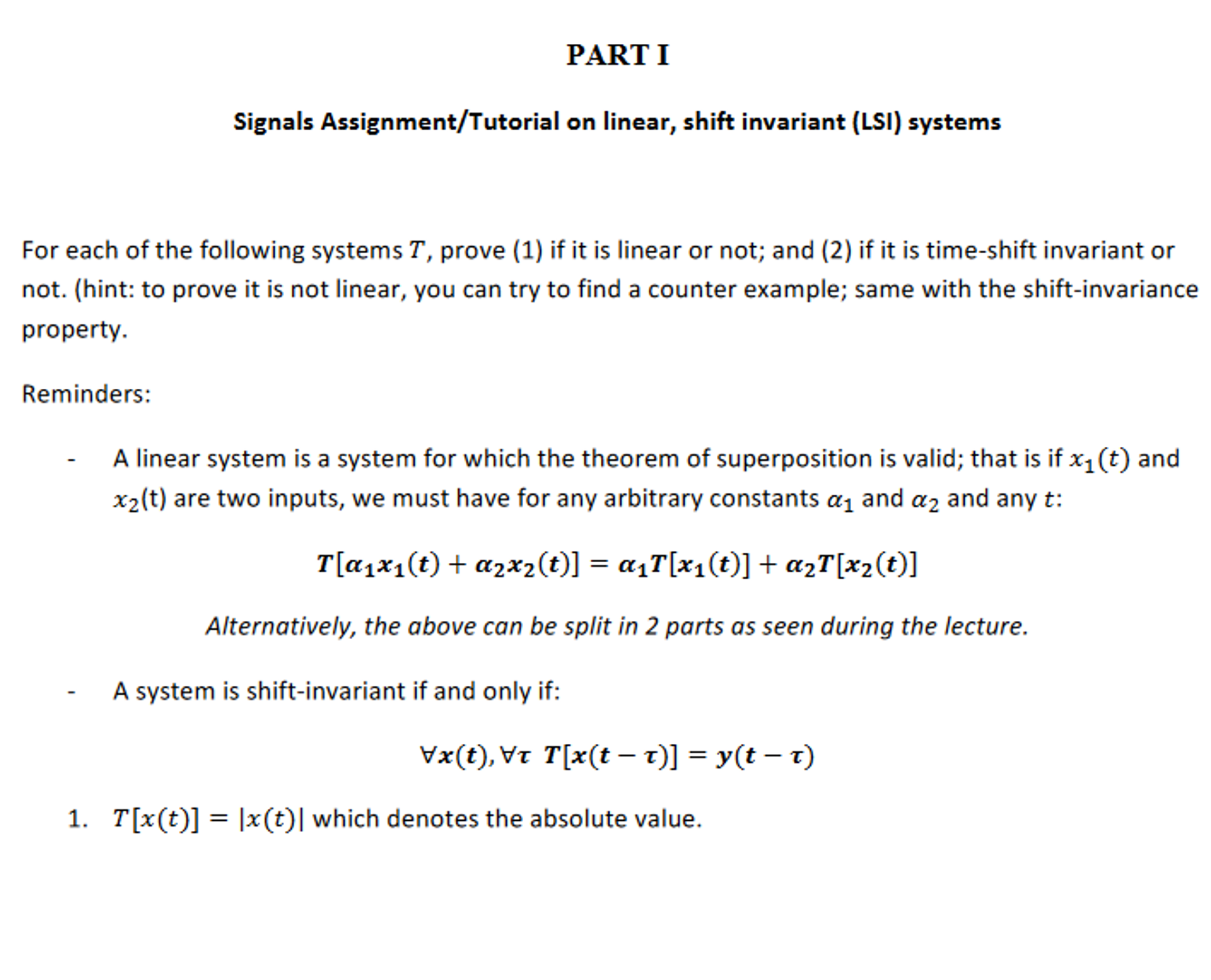 Solved PART I Signals Assignment/Tutorial on linear, shift | Chegg.com