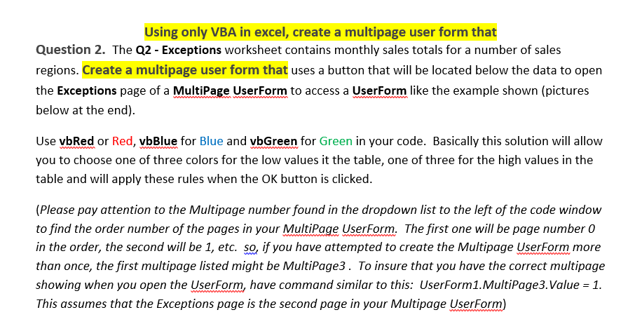 Solved Using only VBA in excel, create a multipage user form | Chegg.com