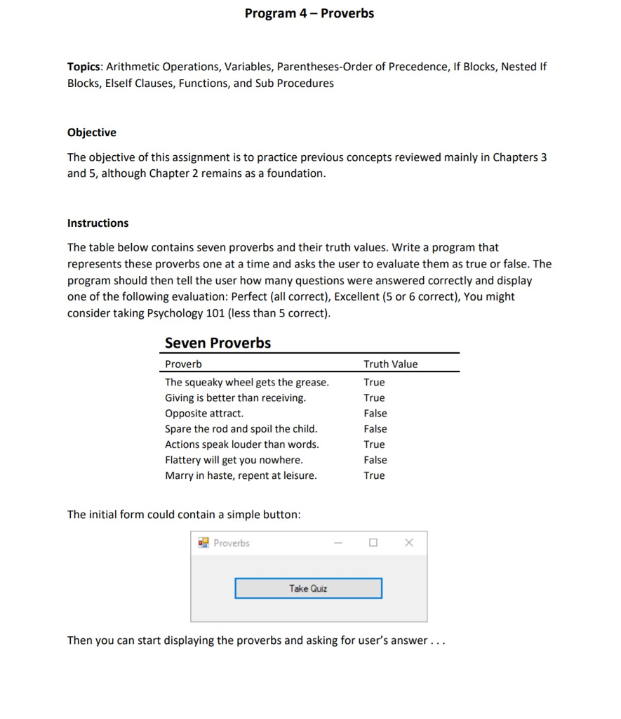 Solved Program 4 Proverbs Topics: Arithmetic Operations, | Chegg.com
