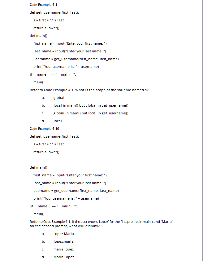 Solved Code Example 4-1 def get_username(first, last) s | Chegg.com