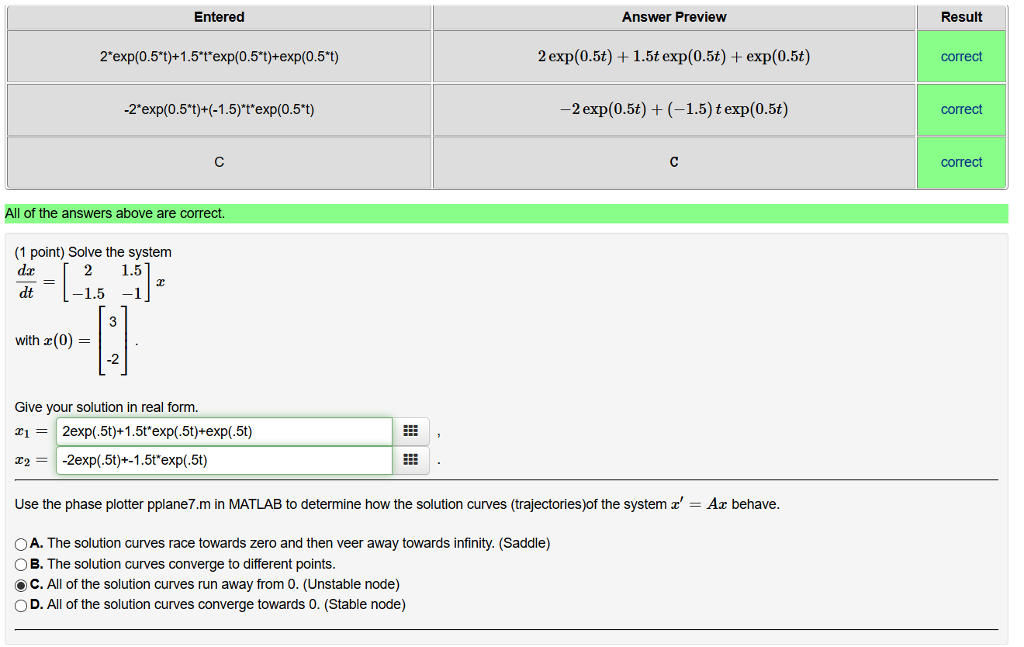 Solved Answer Preview Entered 2 exp(0.5t) 1.5t exp(0.5t) | Chegg.com
