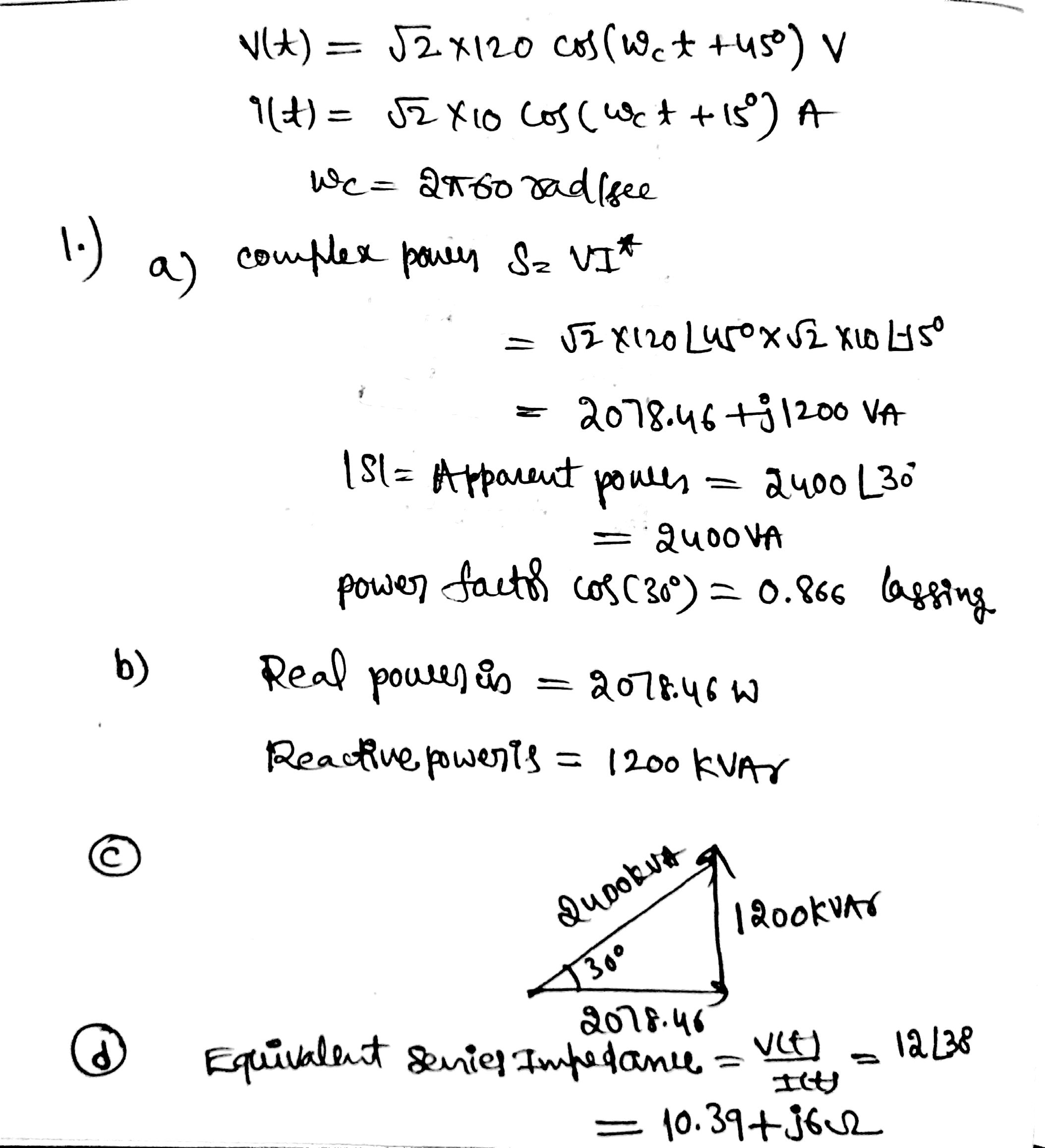 Solved 2. Phasor diagram a.Sketch a phasor l0 V or 1 A per | Chegg.com