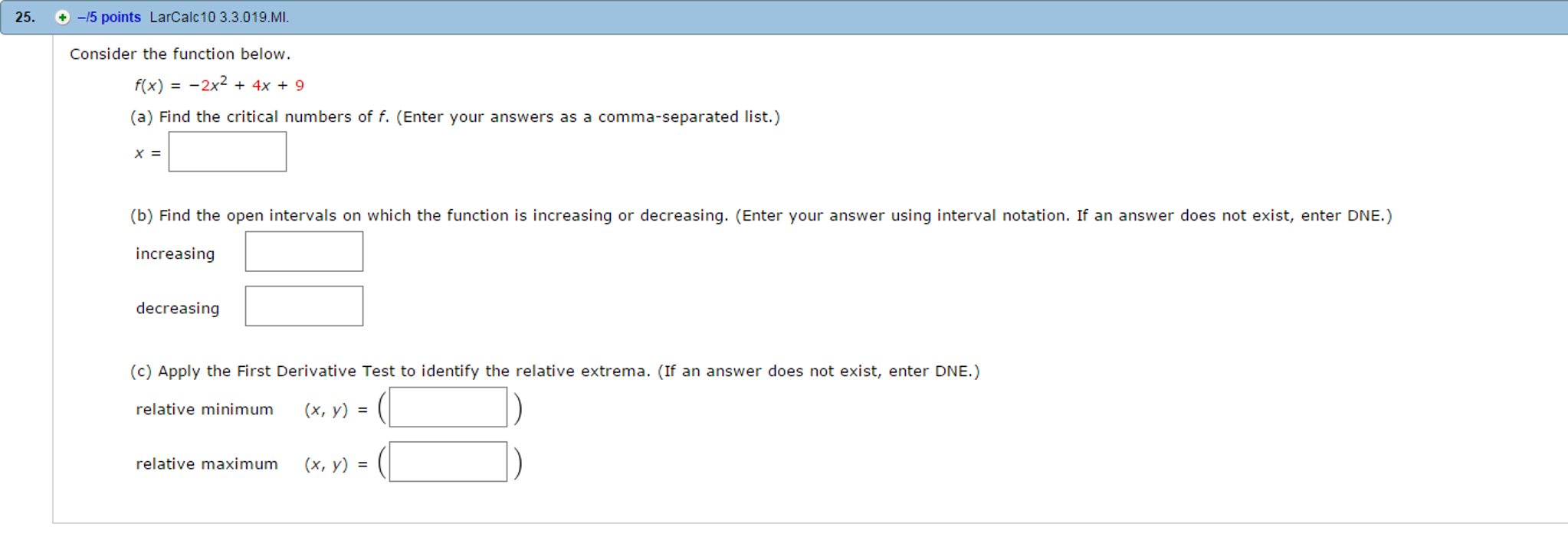 Solved Consider the function below. f(x) = -2x^2 + 4x + 9 | Chegg.com