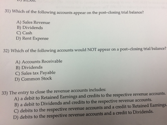 rent revenue will appear on the post closing trial balance