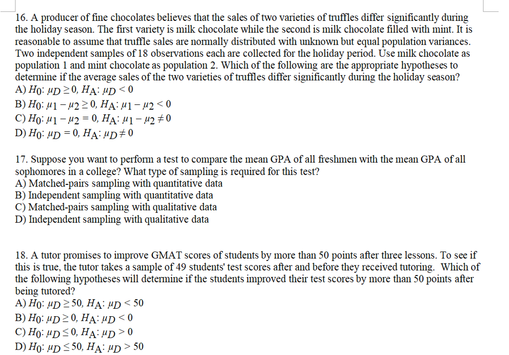 Solved 14. When Testing The Difference Between Two | Chegg.com