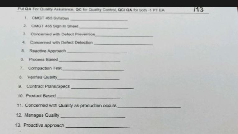 Solved Put Qa For Quality Assurance Oc For Quality Control Chegg Solved Put Qa For Quality Assurance Oc For Quality Control Chegg