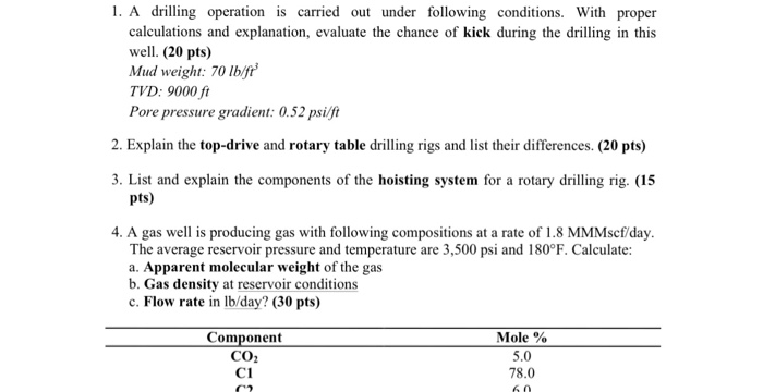 Solved 1. A drilling operation is carried out under | Chegg.com