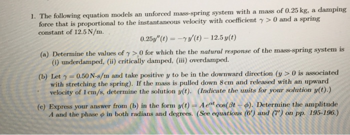 Solved The following equation models an unforced mass-spring | Chegg.com