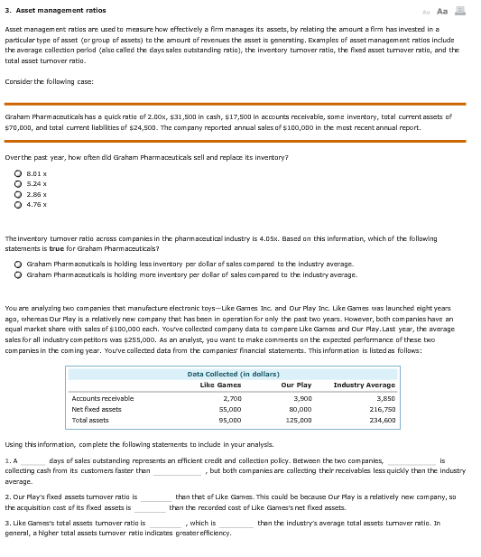 Solved Asset management ratios Asset management ratios are | Chegg.com