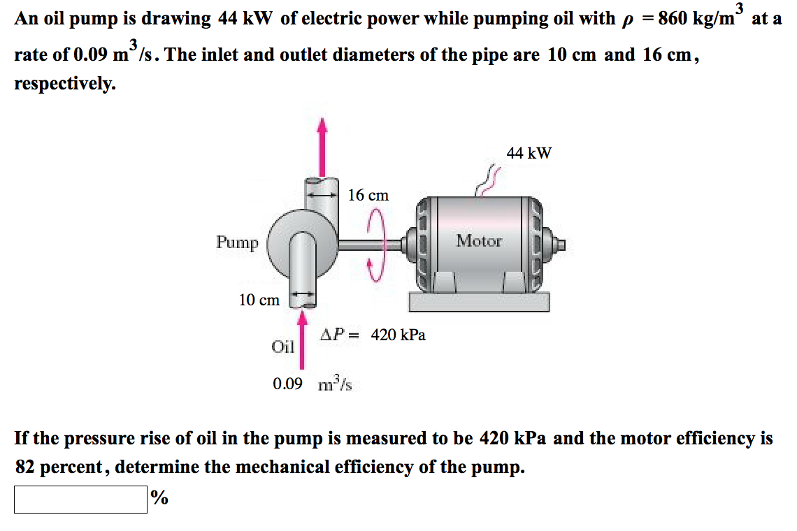 An oil pump is drawing 44 kW of electric power while