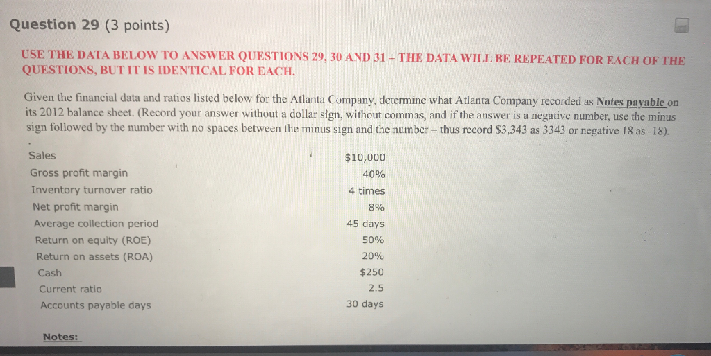 Solved Question 31 (3 points) USE THE DATA BELOW TO ANSwER | Chegg.com