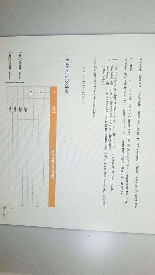 Solved A model rocket is launched with an initial velocity