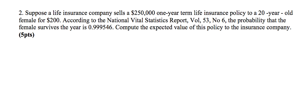 Solved 2. Suppose a life insurance company sells a $250,000 | Chegg.com