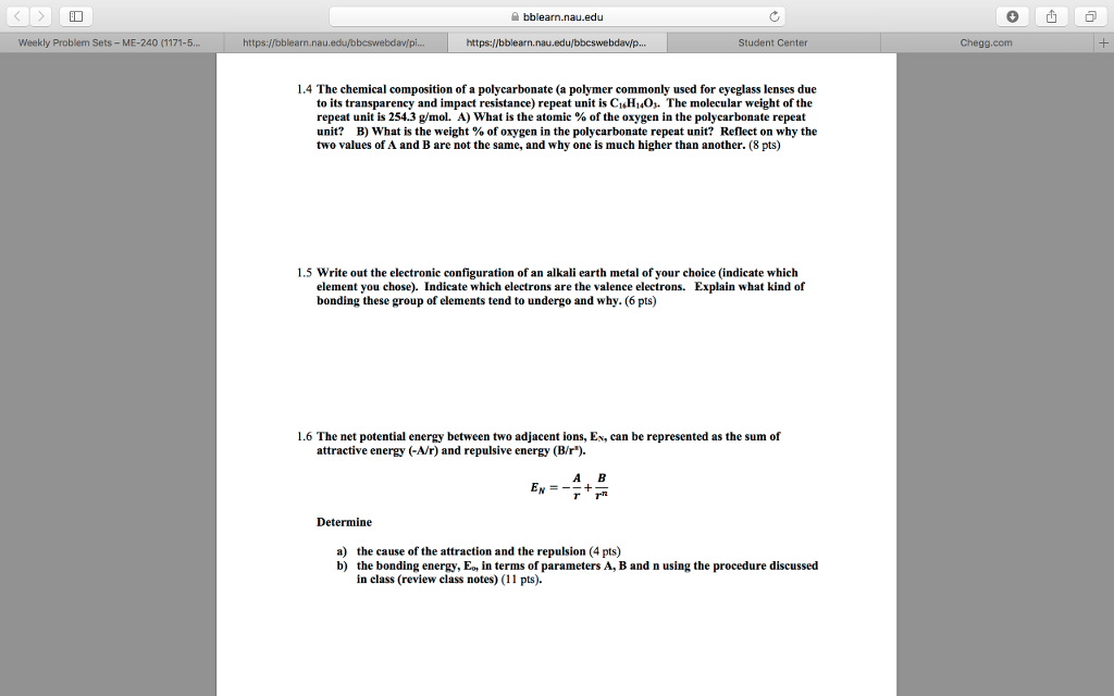 Solved The chemical composition of a polycarbonate (a | Chegg.com