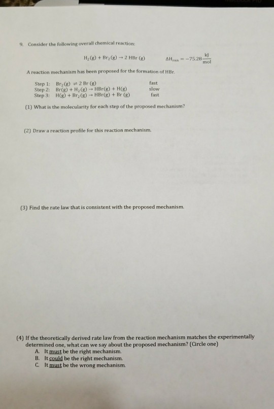 Solved 9. Consider the following overall chemical reaction: | Chegg.com