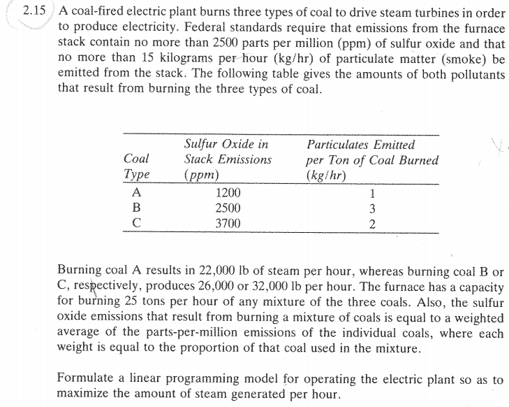 Solved A Coal-fired Electric Plant Burns Three Types Of Coal | Chegg.com