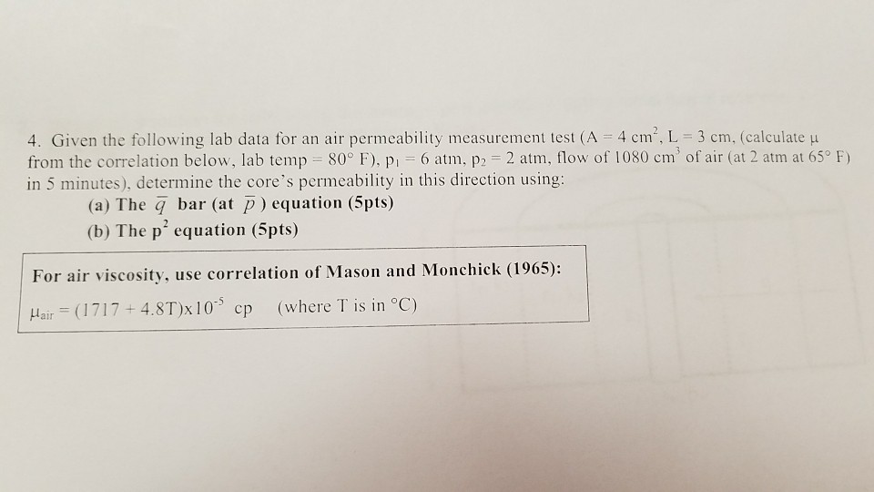 Solved 4. Given the following lab data for an air | Chegg.com